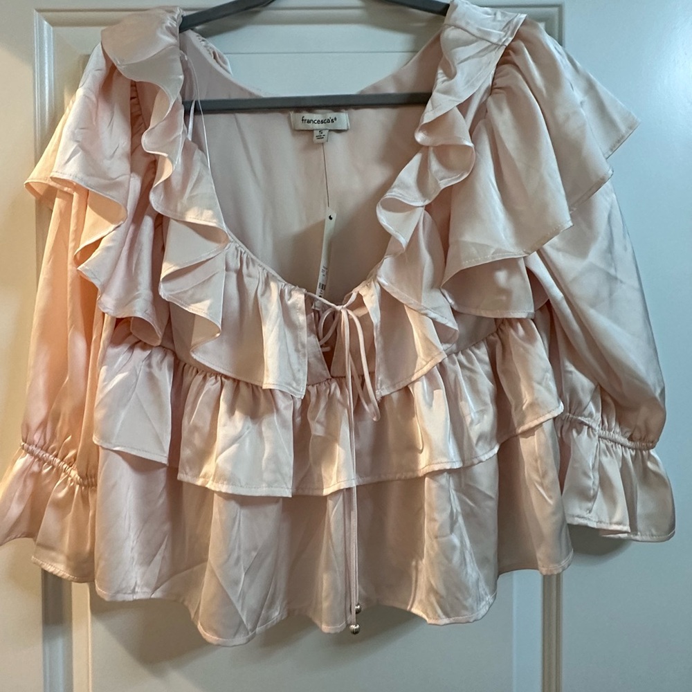 Francesca's Collections Pale Blush Ruffle Tie-Front Peplum Top